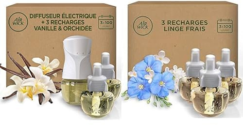 Air Wick Désodorisant Maison Kit Diffuseur Electrique + 3 Recharges Parfum Vanille & Orchidée + 3 Rechares Parfum Linge Frais