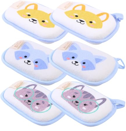 Healvian 6 Stück-pack Babywaschlappen aus Schwamm und Handtuchmaterial Weiche Badewaschhandschuhe mit Tiermotiv und Schlaufe für Babybad und Dusche