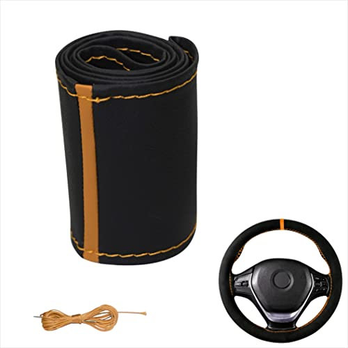 Lenkradbezug Pu Leder, Auto Lenkradhülle zum schnüren Nähen Gestreift Sport Design M4 Schwarz Orange Universalgrösse 37-38 cm