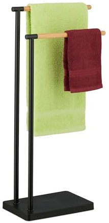 Relaxdays Handtuchhalter stehend, Handtuchständer mit 2 Stangen, für Hand- & Badetücher, Edelstahl, Bambus, schwarz