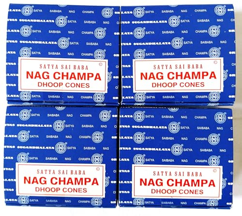 Satya Nag Champa Incense Cones, Agarbatti Scent, 4 Packs of 12 Cones in each pack (4, Nag Champa)