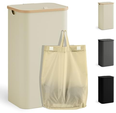 YOUDENOVA Cesto portabiancheria con coperchio, 100L, alto e stretto, con sacco per la biancheria, pieghevole, beige