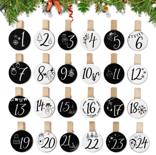BETESSIN 24 Adventskalender Zahlen Holz - Runde Holzklarmmern mit Zahlen 1-24 - Klammern für Adventskalender zum selber Basteln - Holzzahlen für Weihnachtskalender, Weihnachtsdeko uvm.