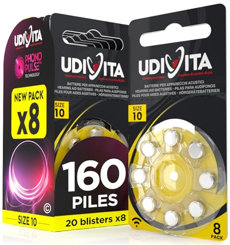 160 Pilas para Audífonos Tamaño 10 Udivita PR70 (Amarillo) Zinc-Aire Hearing Evolution - 20 Blísteres de 8 Pilas