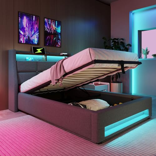 Merax Polsterbett 90x200cm, Einzelbett mit Bettkasten und Lattenrost, Stauraum Kopfteil mit LED und USB Ladefunktion, Hydraulisch Stauraumbett Funktionsbetten, Leinen, Jugendbett, ohne Matratze, Grau
