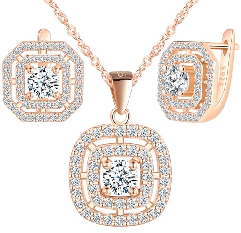 Yumilok Collar colgante de cristal de Zirconia redonda cuadrada brillante de plata esterlina 925 para mujeres, pendiente de oro rosa incrustada