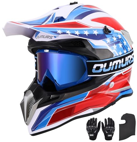 OUMURS DOT Adult Dirt Bike Helmet with Goggles Gloves & Mask Adjustable Sun Visor Motorcycle Adult ATV Helmet Off-Road Motocross Downhill Moped MX BMX for Unisex Adult-188-Blue Star, L