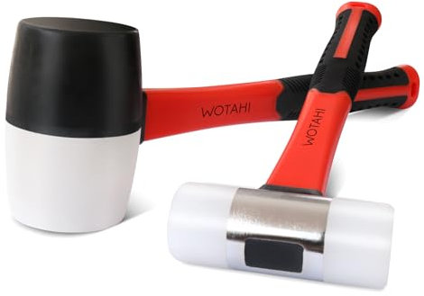 WOTAHI 2-Piece Rubber Mallet Hammer Set-16 oz. White and Black Rubber Mallet and 35 mm Dual Nylon Head Installation Hammer, Soft Grip Fiberglass Handle, Double-Faced Non-marring and Solid Head