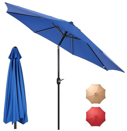 DUMOS Terrassenschirm mit Druckknopf, neigbar und Kurbel, Tischschirme, 8 stabile Rippen, wasserdicht, für Pool, Markt, Terrasse, Strand, Restaurant, Blau, 2,7 m