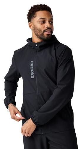 Brooks Men’s Canopy Jacket, Lightweight Wind & Water Resistant, Breathable, UPF 50+ with Reflectivity & Stretch Fabric - Black - Large