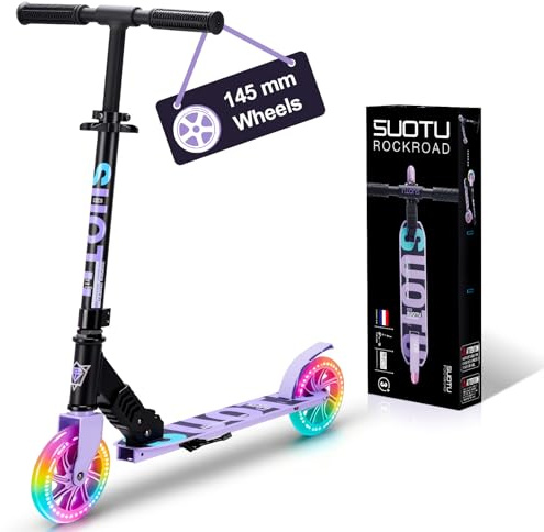SUOTU Trottinette pour Enfants avec Roue Lumineuse de 145 mm, Charge Max: 100 kg, Pliable, Hauteur Réglable, Scooter pour Garçons et Filles de 3 à 12 Ans, Aluminium (Noir- Violet)