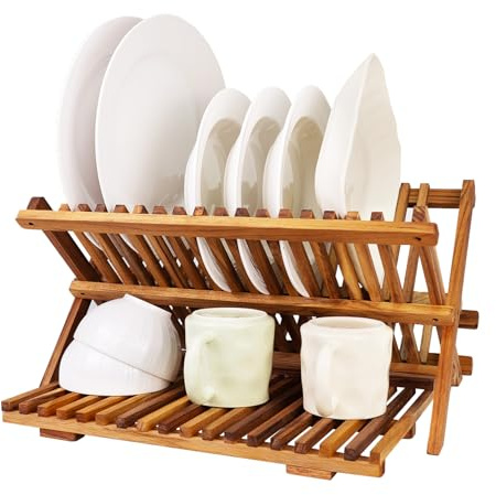 Utoplike 3 Tier Teak Wood Dish Draining Rack Collapsible | Large Capacity Wooden Plate Drainer, Space-Saving Countertop Kitchen Organiser for Dishes, Cups