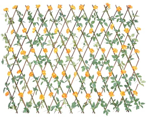 UNUS Rankgitter mit künstlichen Blättern und orangenen Blüten Dekogitter aus Weide für Balkon, Terrasse und geschützte Außenbereiche 200×100 cm