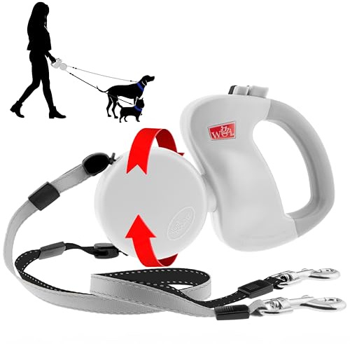 WIGZI - 2026 Edition - Dual (2) Dog Retractable Leash, Auto-Untangles, Supports Up to 50lb Dogs, 10ft Distance Each Dog, Color-Coded Control, Reflective Leads, Waterproof (White)