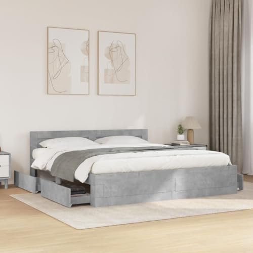 Refined Bettgestell Bett Bettrahmen mit Lattenrost Doppelbett Schlafzimmerbett mit Stauraum mit Kopfteil Betongrau 200x200 cm Holzwerkstoff