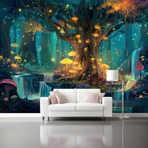 Générique Fantaisie Papier Peint Intissé 350 x 256 cm - Forêt Enchantée Arbres Panoramique Fresque Murale, Bleu Mural Papier Peint pour Salon Chambre D'enfants Fond Tv Décoration Poster