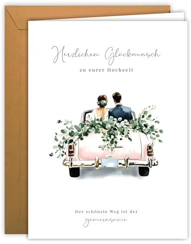 Hochzeitskarte groß mit Oldtimer – Hochzeits-Auto Illustration | Klappkarte A4 mit Kraft-Umschlag, innen blanko – Glückwunschkarte, Hochzeit, Hochzeitsbillet Einladungskarte - Standesamt Brautpaar