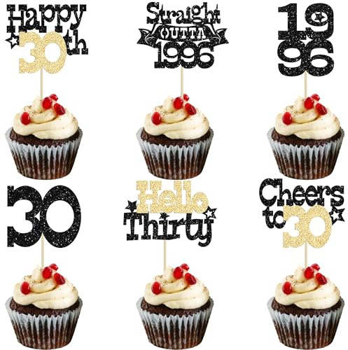 Ephlyn 30Pcs Straight Outta 1996 Cupcake Toppers Glitter Thirty Happy 30th Birthday Cupcake Picks Cheers to 30 Years Cake Decorations for Happy 30th Birthday Anniversary Party Supplies Black Gold
