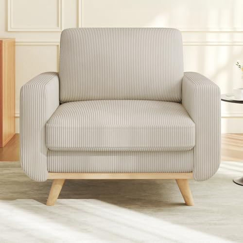 Vesgantti Large Accent Chair Light Grey, Comfy Corduroy Single Sofa Seat with Spring Cushion, Upholstered Armchair with Deep Seat, Reading Chair for Adults, Modern Sofa for Living Room, Bedroom