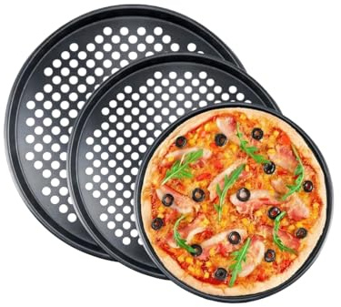 Ymswjgj Pizzablech Rund 3er Set Backblech Rund für Pizza Pizza Blech Hitzebeständig Pizzablech & Lochblech Pizzaform Antihaftbeschichtet Carbonstahl Pizzaform - Ø 32 cm, Ø 29 cm, Ø 26cm