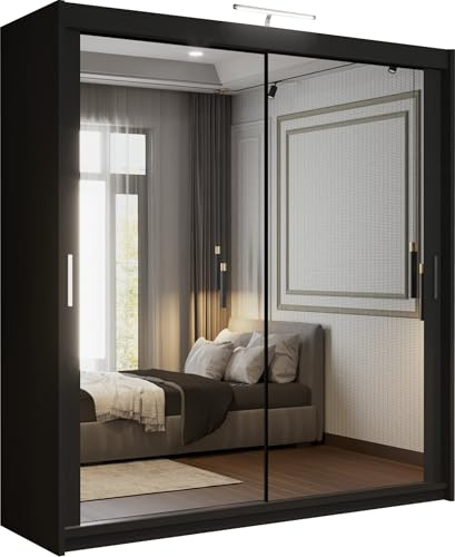 SLIDING WARDROBE 4U Double Mirrored Sliding Door Wardrobe with LED Light, Freestanding Bedroom Wardrobe, Customizable Interior, 90/100/120/150/180/203/250cm, MDF Chipboard (Black, 150cm)