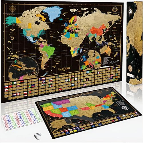 W WANDERLUST MAPS Rubbel Weltkarte + USA Karte – Set von 2 Poster inkl. Geschenkverpackung. Gold/Schwarz - Made in Europe
