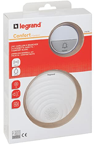LEGRAND, Set campanello radio Comfort, 230 V, con pulsante campanello impermeabile (IP44), funzionamento a batteria, 1 gong con plug-in per prese, 15 melodie, 1 pulsante campanello, portata 100 m,