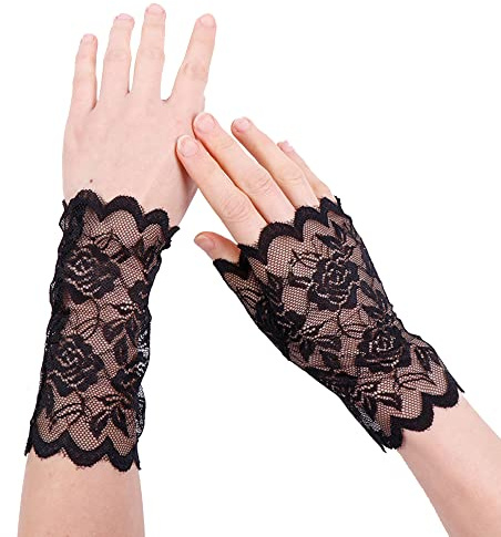 MINGZE Gants en Dentelle pour Femmes - Poignet Longueur, Mariage Nuptiale, Sexy Florale, Protection UV, Sans Doigts (Noir)
