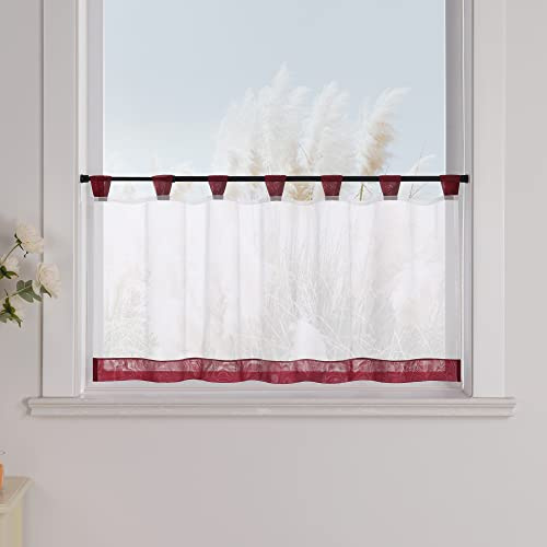Yujiao Mao Voile Scheibengardine mit Schlaufen, Weiß Weinrot, HxB 30x120 cm | Küchengardine, Bistrogardine für Küche und kleine Fenster, transparente Kurzgardine, leichter Sichtschutz, Landhausstil