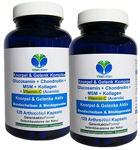 Knorpel & Gelenke Komplex + Vitamin-C 240 (2x120) ArthroWell Gelenk-Kapseln – Natürliche Gelenkbausteine Glucosamin + Chondroitin + MSM + Kollagen. 26442-2