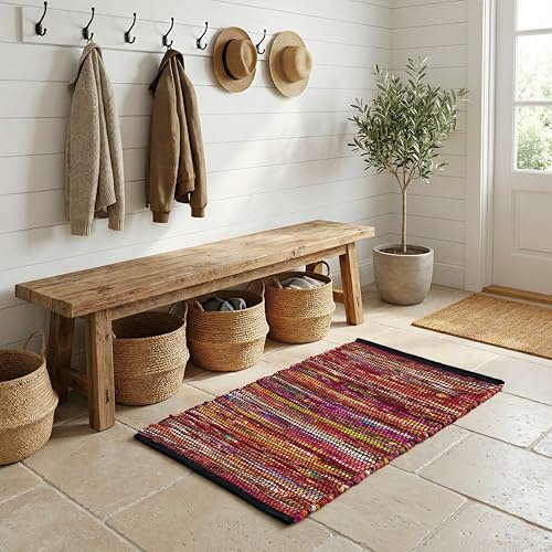 Cotton Hand Woven Area Rug 2x3 Feet - Multi, Colorful Durable Small Bohemian Decorative Rag Rugs Ideal for Entryway, Kitchen, Bedroom | Red Farmhouse Reversible Soft Door Way Floor Mat for Balcony