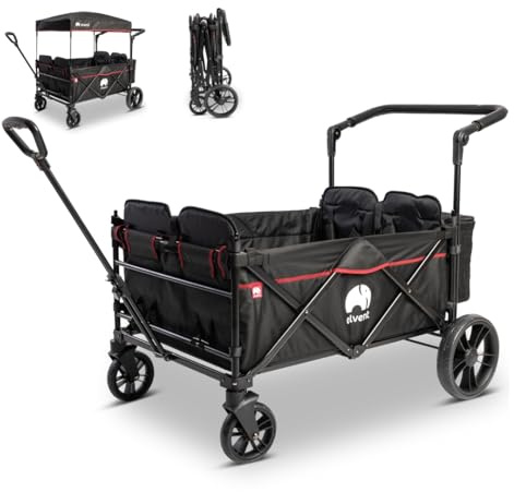 elvent® WagonPro City Bollerwagen/Handwagen faltbar mit Dach I 4 Sitzplätze | groß I Sitzpolster, Hecktasche, Feststellbremse, 5-Punkt-Gurt I für 4 Kinder (Schwarz)
