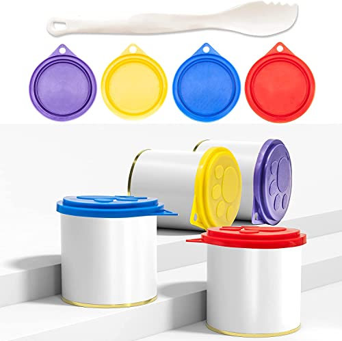 Petopedia 4 X Tin Lids for Cans of Pet Food Containers | REUSABLE | Dog Treat Tin Lids | Can Covers for Dog Cat Food Storage with 1 Spoon | Can Lid for Tins | Tin Covers Lids (4 Pack)