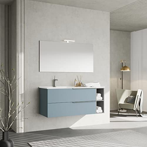 Kiamami Valentina - Mobile Bagno Sospeso 120CM | 2 Cassettoni Celeste Opaco | Vano a Giorno Grigio | Specchio con Lampada LED 120x60 | Lavabo in Ceramica, Celeste Opaco, 120CM, PVC