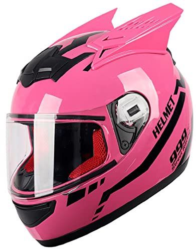 BAUTI Vollgesichts-Motorradhelm für Mädchen Frauen integrierter Helm mit Katzenohren ECE(R22/05) zugelassener Motorradhelm Vierjahreszeiten-Klapphelme mit Sonnenblende 13,S(54-56CM)