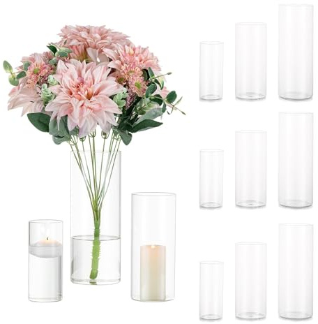 Glasseam Glasvase Zylinder Kerzengläser für Tischdeko, 12er Klar Vase Set | Groß Glaszylinder Windlicht, Blumenvase Modern, Tulpenvase, Tischvase, Hochzeit, Party, Wohnzimmer, 15x6.5/20x8.5/25x9.5cm