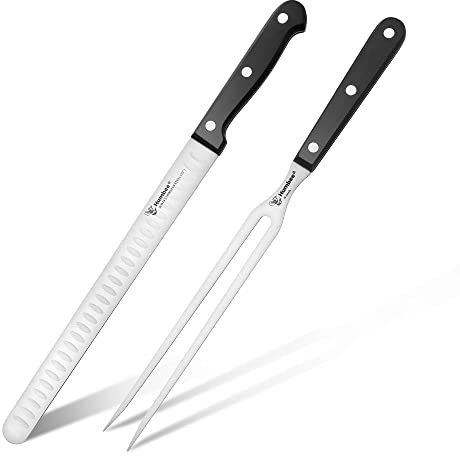 Humbee 10 Inch Carving Knife and 9 Inch Fork Set – Razor Sharp Stainless Steel Blade with Full Tang Grip Handle, Granton Edge for Smoked Brisket, Turkey, BBQ Meat and Roast
