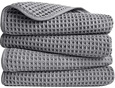 Polyte Handtuch Mikrofaser Waffel Schnelltrocknend 430 GSM 40,6x76,2 cm | 4er-Pack, Übergröße, fusselfrei, schnell trocknend, Aufhängeschlaufe