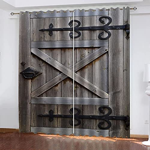 Vorhang Blickdicht Alte Holztür Gardinen mit Ösen 3D Bauernhof Auf Dem Land Blickdichte Vorhänge Thermovorhang Kälteschutz Verdunklungsvorhänge für Wohnzimmer Schlafzimmer 2er Set 140x145 cm（BxH)