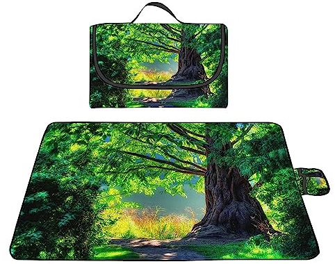 TengYuer Picknickdecke 180x200cm Stranddecke Wasserdicht Sandfrei Isoliert Faltbar Strandmatte mit Tragegriff Outdoor Campingdecke XXL für Camping Parks Strände Picknick GrüNer Wald