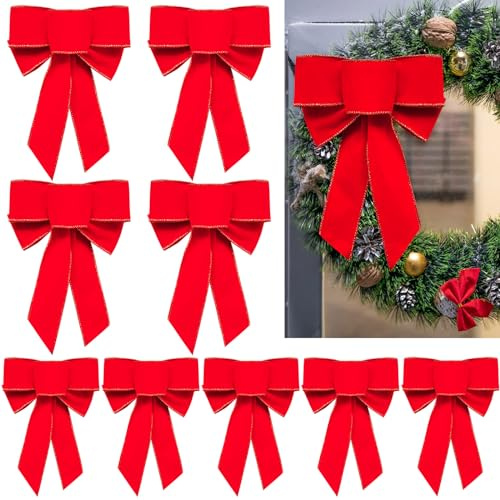 Yanmucy 10 Stück große Weihnachtsschleifen rote Samtschleifen mit Glitzer Goldrand Outdoor Xmas Schleifen Weihnachtsdekoration für Weihnachtsbaum Türkränze 24,1 x 17,8 cm (10pcs)