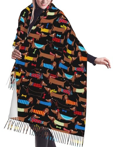 GrAtka Schal, Dackel, Unisex-Schal mit Fransen, groß, warm, weich, Kaschmir-Gefühl, Tücher, 196 x 68 cm