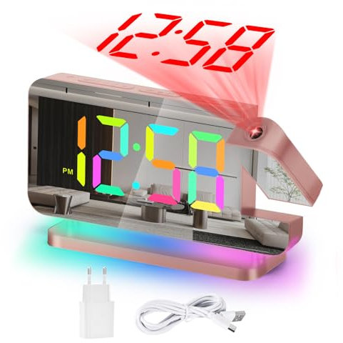 U-picks Digital Alarm Clock,Alarm Clock with Projection,7.4LED Mirror Clock with 180°Rotating Projector,11 RGB Color Digital Display,10 Color Night Light,5 Level Volume Table Clock for Children,Girls