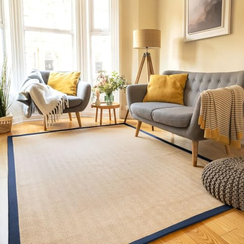 Natural Herringbone Navy Cotton Border Jute Area Rug Soft Woven Non Slip Flatweave Mat Sisal Sustainable Living Room Entrance Hallway Kitchen Carpet Rugs 200cm x 290cm