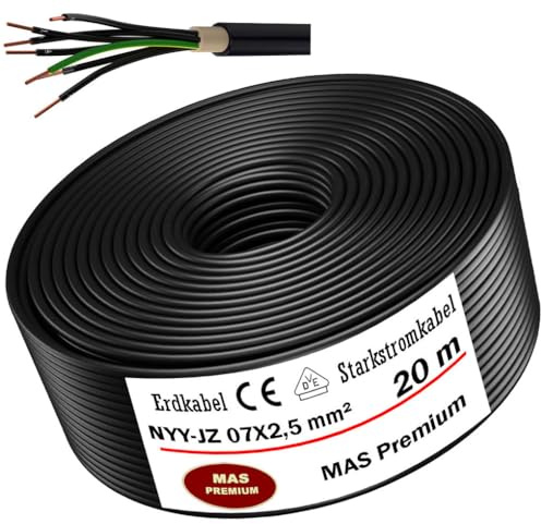 MAS Premium Erdkabel Starkstromkabel 5-100m NYY-JZ 7X1,5, 2,5 oder 4 Elektrokabel Ring zur Verlegung im Freien, Erdreich (NYY-JZ 7X2,5 mm², 20m)