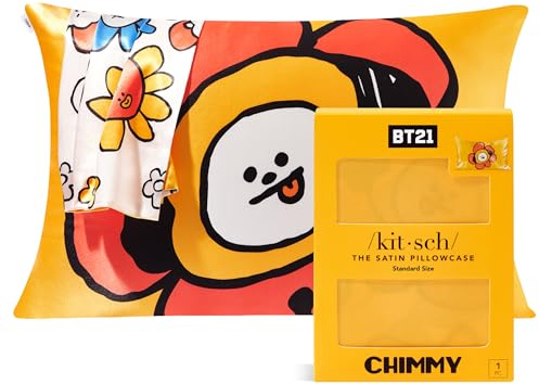 BT21 x Kitsch Satin Pillowcase with Zipper Closure, Softer Than Mulberry Silk Pillow Cases Standard Size 1 Pack, Cooling Pillow Covers Queen for Hair, Skin Health & Beauty Sleep, 19x26 in, Chimmy
