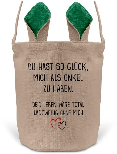 22Feels Neffe Nichte Kinder Osterkorb von Onkel mit Henkel Ostergeschenk Tragetasche Ostern Deko Osternest Körbchen Hasenohren (Beige/Grün)