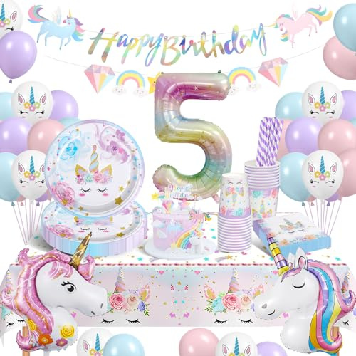 YIMAKJ Einhorn Partygeschirr Set, 5 Jahre Einhorn Geburtstag Party Geschirr, 5 Jahre Mädchen Party , Einhorns Luftballon Pappteller Tassen Servietten Tischdecke für Partys Kindergeburtstag Deko
