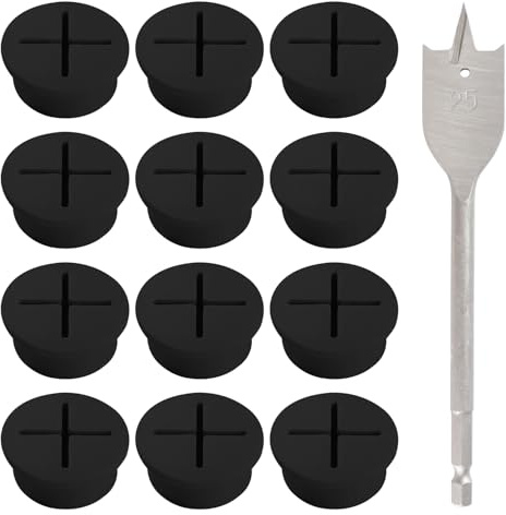 Lyeteung 12 Piezas 25mm Pasacables Escritorio, Pasacables de Silicona Flexible, Ojales de Escritorio, Tapa Pasacables Mesa Oficina, con Taladro, para Oficina, Muebles, Escritorio, Negro