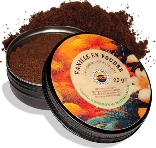 Vanille en poudre 100% naturelle issue de gousses de vanille entières fraiches broyées - Vanille Bourbon de Madagascar - Pot de 20g